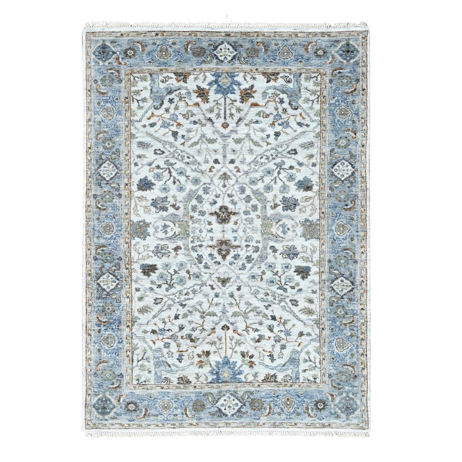 Cotton White, Oushak with Floral Motifs, Pure Wool, Soft Pile, Hand Knotted, Densely Woven, Oriental Rug